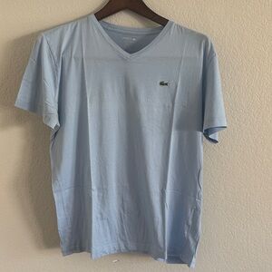 Lacoste Men's Pale Blue V-Neck Tee with Green Croc Logo